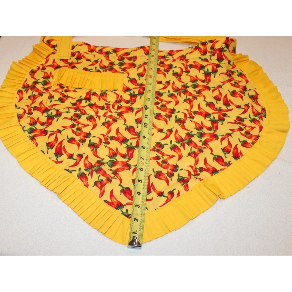 vintage style handmade half apron yellow red chili peppers ruffle pocket OS